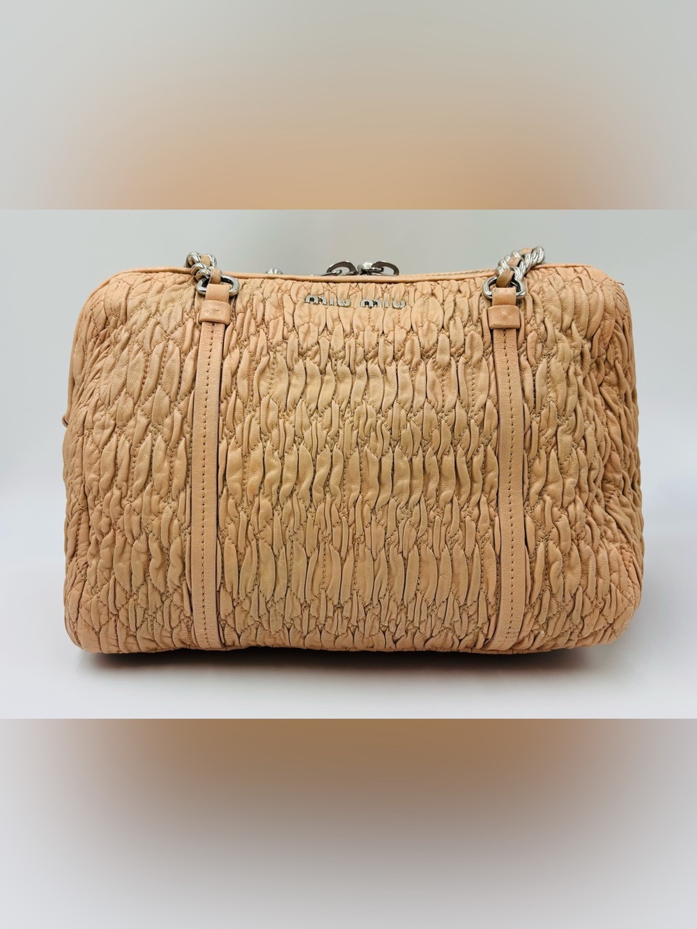Miu Miu Beige Ruched Leather Shoulder Bag with Silver Chain Accents